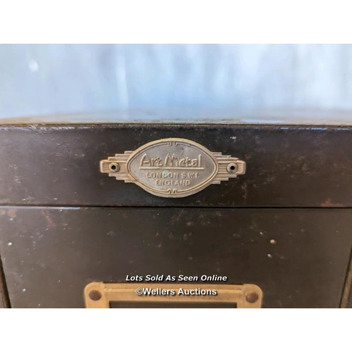 262 - 2 metal four drawer filing cabinets C1930 with brass handles/card holders. Some rust and paint loss