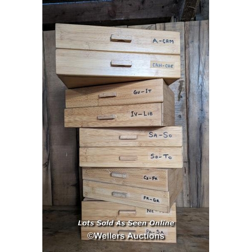 263 - 5 wooden storage units with 2 drawers per unit. Used orignally for stamp collecting. Each 2 drawer u... 