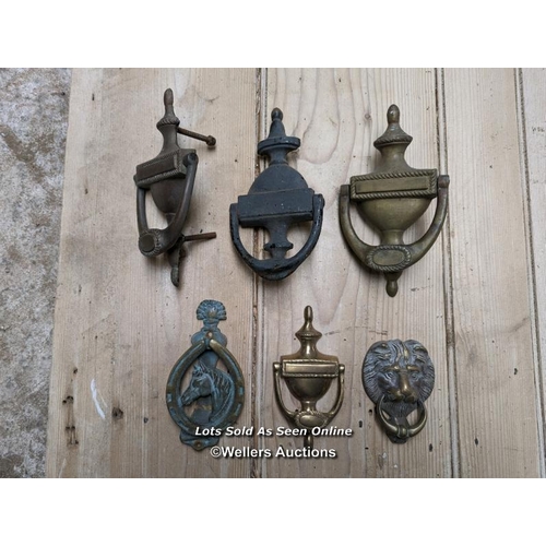 271 - 6 reclaimed brass door knockers. Some will need new bolts to hold them onto the door. Smallest 11cm ... 