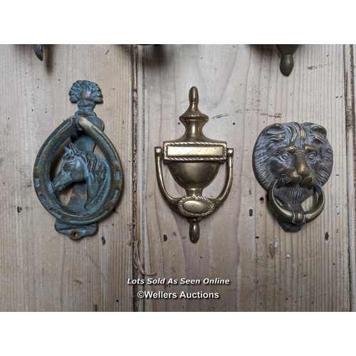 271 - 6 reclaimed brass door knockers. Some will need new bolts to hold them onto the door. Smallest 11cm ... 