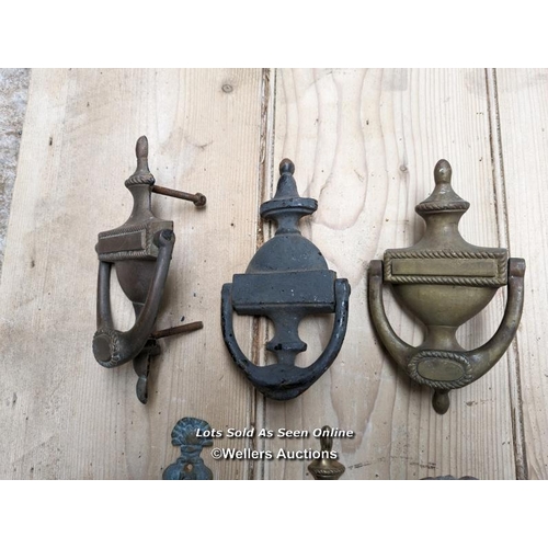 271 - 6 reclaimed brass door knockers. Some will need new bolts to hold them onto the door. Smallest 11cm ... 