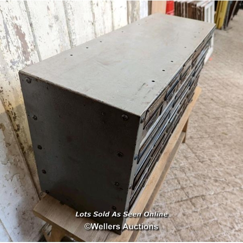 278 - Set of industrial metal drawers for restoration. 21 drawers. Overall size 91cm W x 43cm H x 30cm D