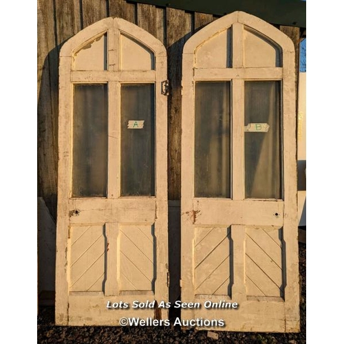 280 - A pair of matching pine Gothic Victorian doors from Portsmouth prison, HMP Kingston. Approx size 86c... 