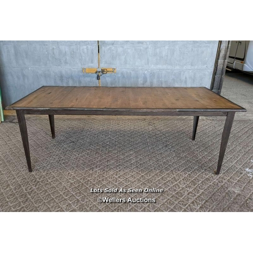 285 - Oak and metal dining table. Reclaimed oak planks bordered in steel. Steel legs. 8 to 10 seater. Oak ... 