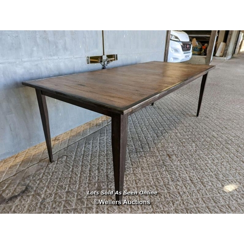 285 - Oak and metal dining table. Reclaimed oak planks bordered in steel. Steel legs. 8 to 10 seater. Oak ... 