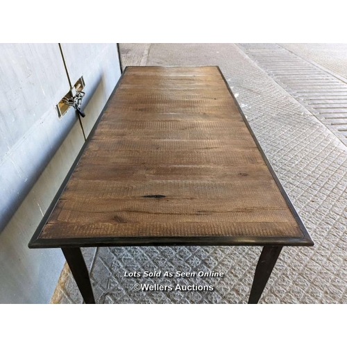 285 - Oak and metal dining table. Reclaimed oak planks bordered in steel. Steel legs. 8 to 10 seater. Oak ... 