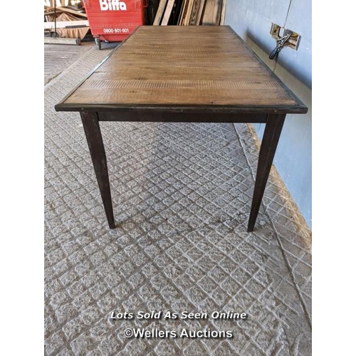 285 - Oak and metal dining table. Reclaimed oak planks bordered in steel. Steel legs. 8 to 10 seater. Oak ... 