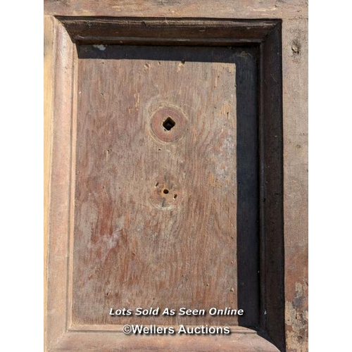 313 - Very large pine Castle door. Pine paneled face with oak back panel. Large cast iron hinges. Size 111... 