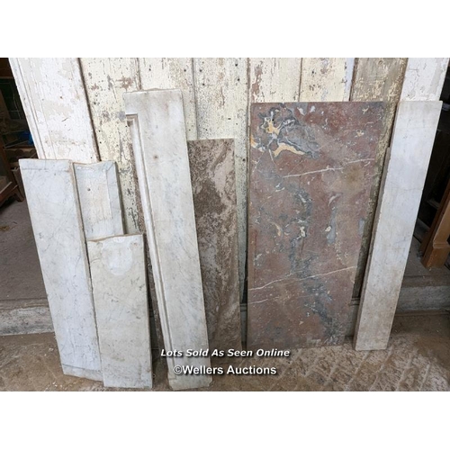 315 - 7 pieces of marble various colours inc carrara white. Smallest piece 20cm x 65cm. Largest 46cm x 107... 