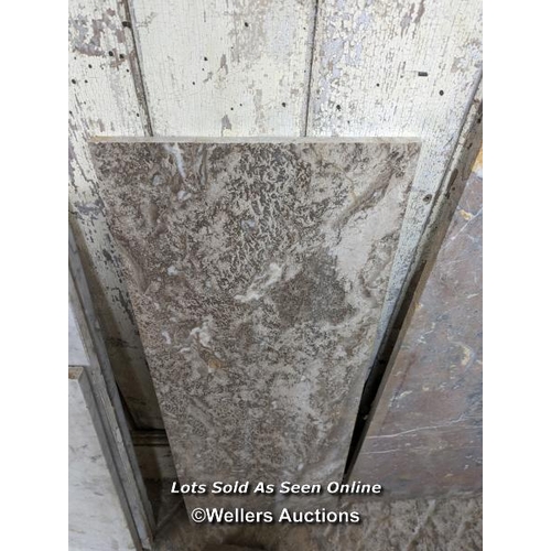 315 - 7 pieces of marble various colours inc carrara white. Smallest piece 20cm x 65cm. Largest 46cm x 107... 