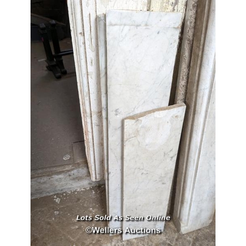 315 - 7 pieces of marble various colours inc carrara white. Smallest piece 20cm x 65cm. Largest 46cm x 107... 