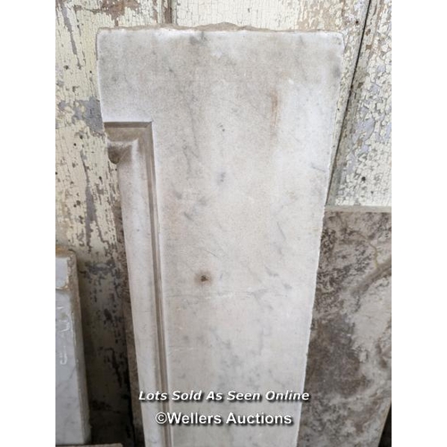 315 - 7 pieces of marble various colours inc carrara white. Smallest piece 20cm x 65cm. Largest 46cm x 107... 