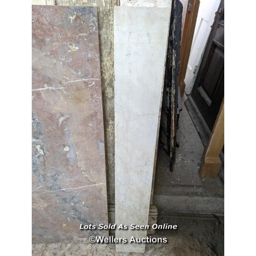 315 - 7 pieces of marble various colours inc carrara white. Smallest piece 20cm x 65cm. Largest 46cm x 107... 