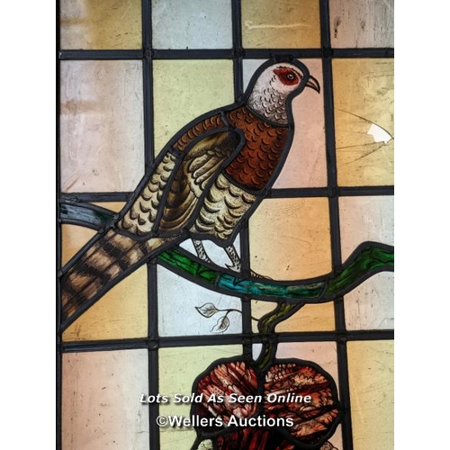 318 - Series of three stained glass panels with handpainted birds of the field. Small areas of damage. Siz... 