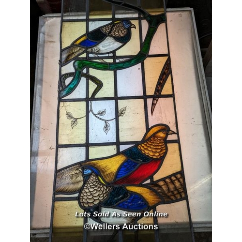 318 - Series of three stained glass panels with handpainted birds of the field. Small areas of damage. Siz... 