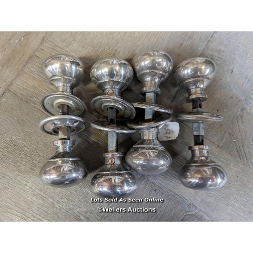 328 - 6 pairs of nickel door handles. 2 pairs of oval handles and 4 pairs of small circular knobs. Some ta... 