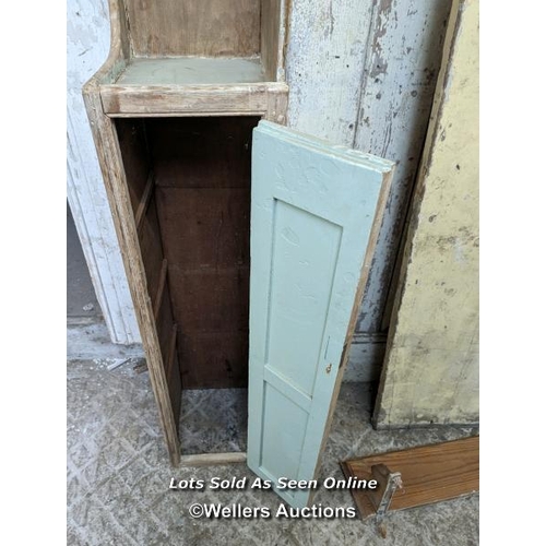 335 - A painted pine dresser base top (49cm x 220cm x 4cm). A corner cupboard and a small pine shelf with ... 