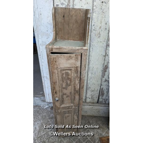 335 - A painted pine dresser base top (49cm x 220cm x 4cm). A corner cupboard and a small pine shelf with ... 