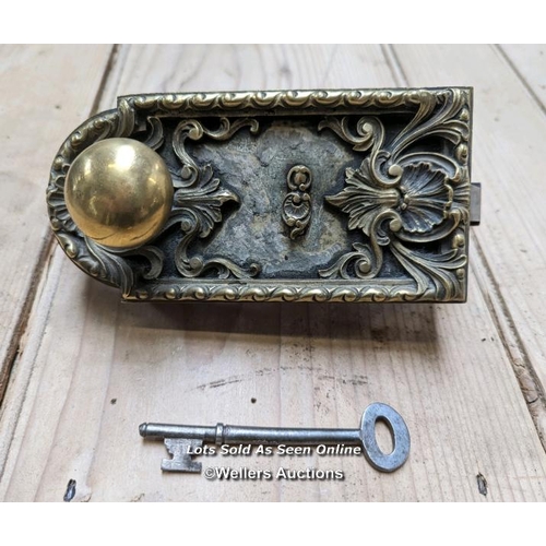 337 - A decorative French brass rimlock with key and modern brass keep. Recently restored. 16.5cm L x 8cm ... 