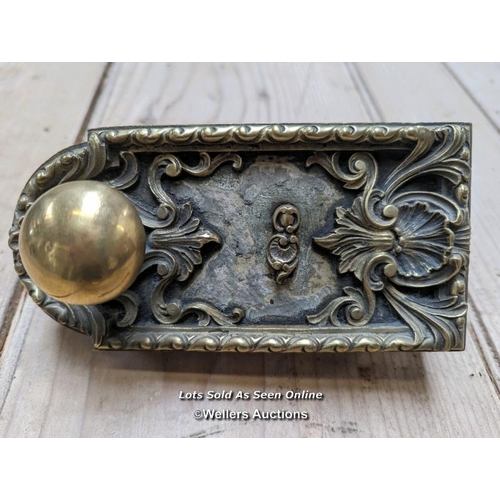 337 - A decorative French brass rimlock with key and modern brass keep. Recently restored. 16.5cm L x 8cm ... 