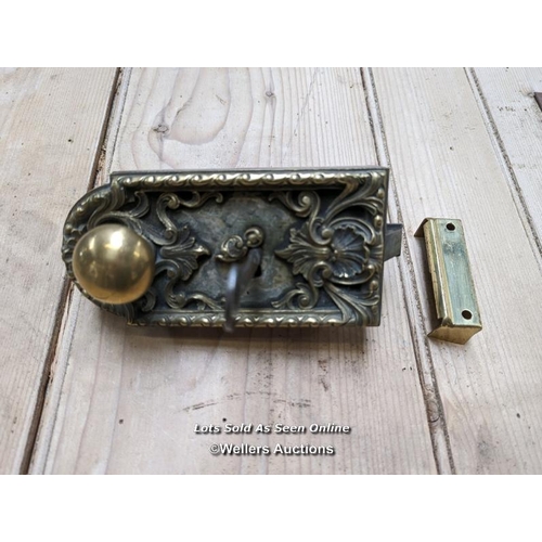 337 - A decorative French brass rimlock with key and modern brass keep. Recently restored. 16.5cm L x 8cm ... 