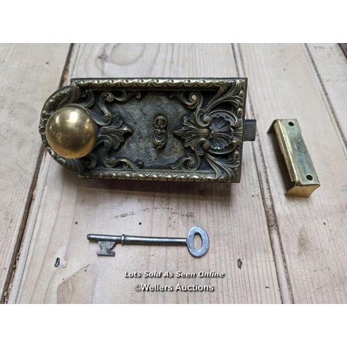 337 - A decorative French brass rimlock with key and modern brass keep. Recently restored. 16.5cm L x 8cm ... 