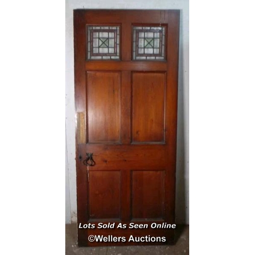 342 - Victorian pine 6 panel door with Gothic door handle and stained glass panels. Size 91cm x 210cm x 5c... 