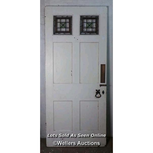 342 - Victorian pine 6 panel door with Gothic door handle and stained glass panels. Size 91cm x 210cm x 5c... 