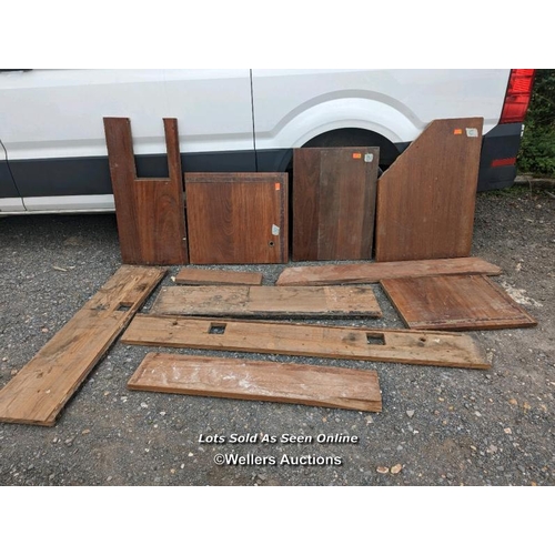 344 - 11 pieces of teak/hardwood worktop. Smallest piece is 15cm x 54cm. Largest piece 21cm x 176cm and 67... 