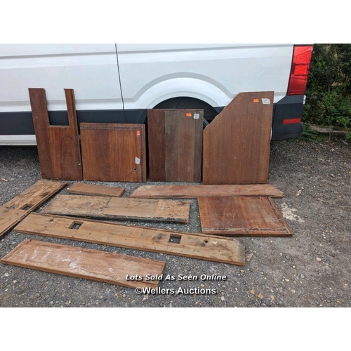 344 - 11 pieces of teak/hardwood worktop. Smallest piece is 15cm x 54cm. Largest piece 21cm x 176cm and 67... 