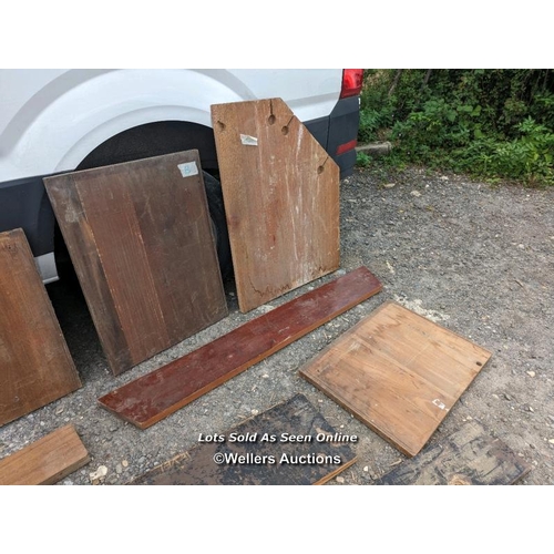 344 - 11 pieces of teak/hardwood worktop. Smallest piece is 15cm x 54cm. Largest piece 21cm x 176cm and 67... 