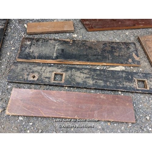 344 - 11 pieces of teak/hardwood worktop. Smallest piece is 15cm x 54cm. Largest piece 21cm x 176cm and 67... 