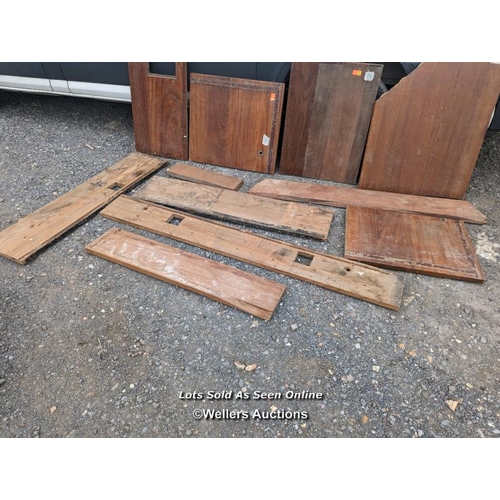 344 - 11 pieces of teak/hardwood worktop. Smallest piece is 15cm x 54cm. Largest piece 21cm x 176cm and 67... 