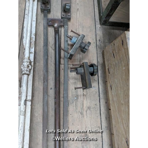 347 - Collection of espangnolette bolts and an art deco push bar set for double doors. Bolt receivers atta... 