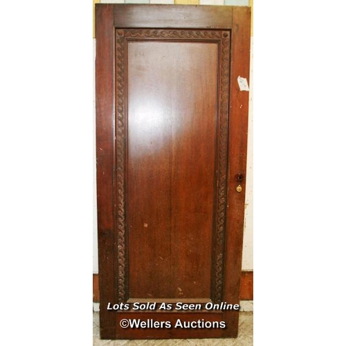 352 - Edwardian mahogany door with carved moulding. C1935. 85cm x 197cm x 4.5cm