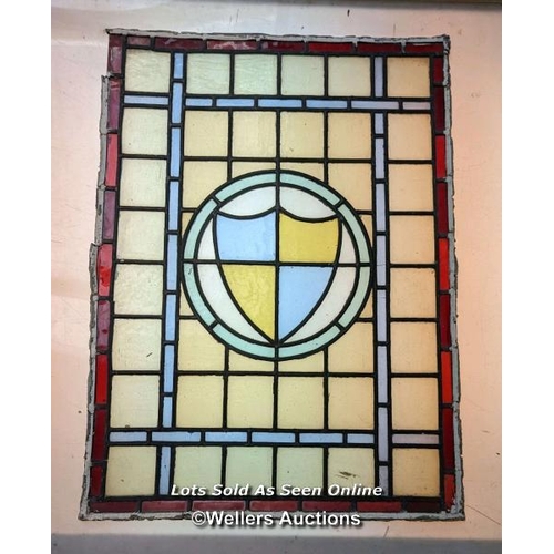 356 - Set of 5 stained glass panels C1910. widths from 39cm to 46cm x 62cm