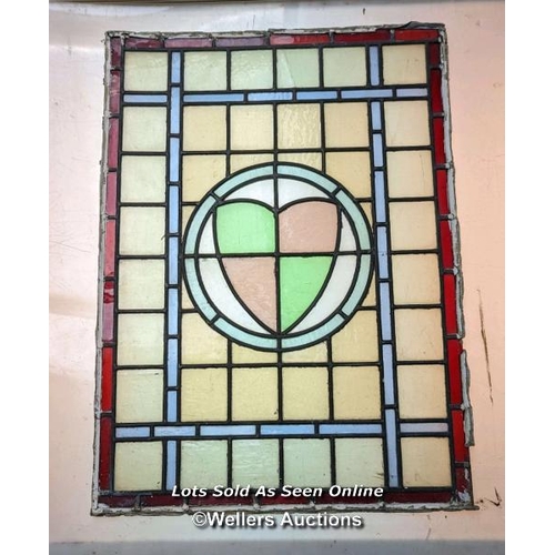 356 - Set of 5 stained glass panels C1910. widths from 39cm to 46cm x 62cm