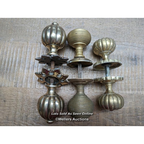 357 - 3 pairs of brass handles. One original victorian 'pumpkin' ,one beehive and one reproduction pair