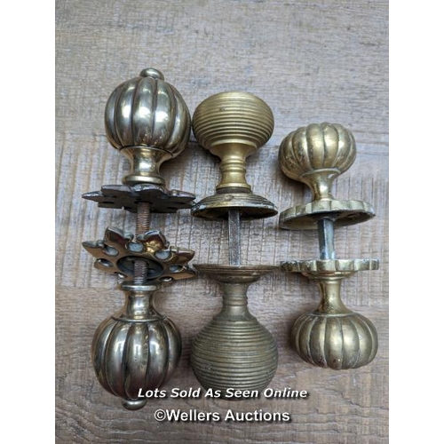 357 - 3 pairs of brass handles. One original victorian 'pumpkin' ,one beehive and one reproduction pair