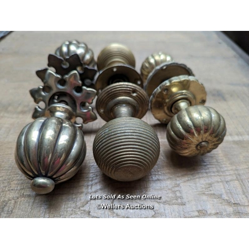 357 - 3 pairs of brass handles. One original victorian 'pumpkin' ,one beehive and one reproduction pair