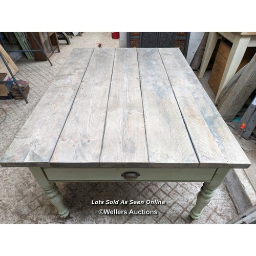 498 - Pine dining table. Compact 6 to 8 seats design. Painted base with green paint. Some paint failure. T... 