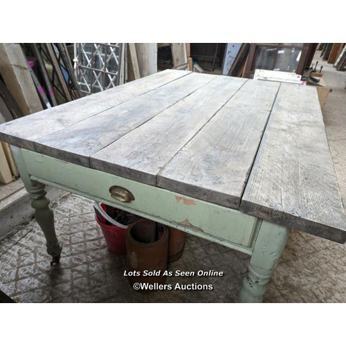 498 - Pine dining table. Compact 6 to 8 seats design. Painted base with green paint. Some paint failure. T... 