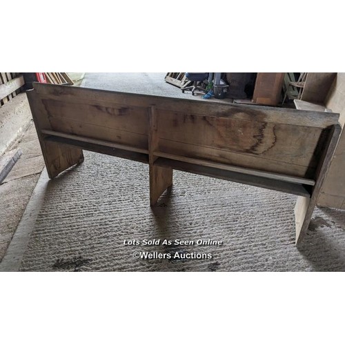 199 - A pair of solid oak pews. Grey colour and dirty due to being stored briefly outside. Height 84cm, le... 