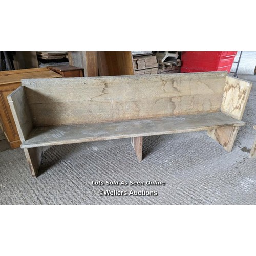 199 - A pair of solid oak pews. Grey colour and dirty due to being stored briefly outside. Height 84cm, le... 