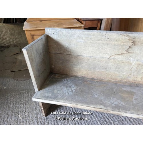 199 - A pair of solid oak pews. Grey colour and dirty due to being stored briefly outside. Height 84cm, le... 