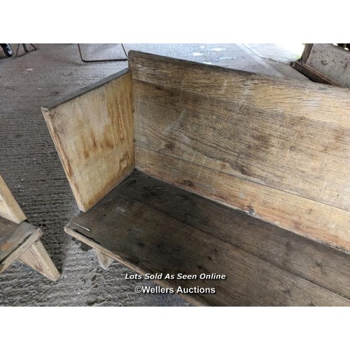 199 - A pair of solid oak pews. Grey colour and dirty due to being stored briefly outside. Height 84cm, le... 