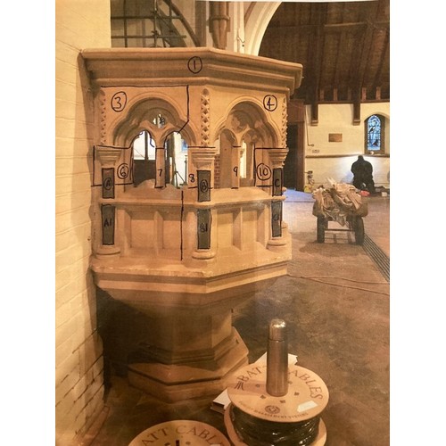 500 - A Carved Gothic stone Pulpit. Dated 1897. Petersfield Church. Pale stone (not really suitable for ex... 