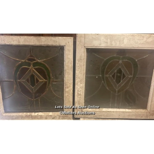 1001 - 5X MATCHING STAINED GLASS WINDOWS WITH WOODEN FRAMES, LARGEST 51CM (H) X 45CM (W), FOR RESTORATION