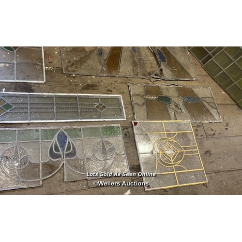 1013 - A GOOD SELECTION OF STAINED GLASS WINDOW PANES, VARIOUS SIZES AND DESIGNS, ALL FOR RESTORATION