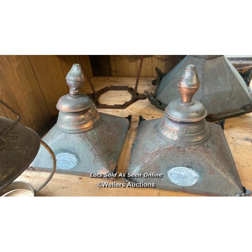 1027 - 5X ASSORTED METAL LIGHT LAMP COVERS INCLUDING JOSEPH KNIGHT LAMP CO. LTD, LARGEST APPROX 59CM HIGH